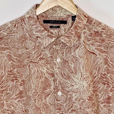 PERRY ELLIS Stretch Button-Up Shirt Mens XL Abstract Red White Floral Print Boho