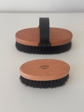 HERMES EQUESTRIAN HORSE WOOD NOIR LEATHER HANDLE SOFT BRUSH + MINI BRUSH SET
