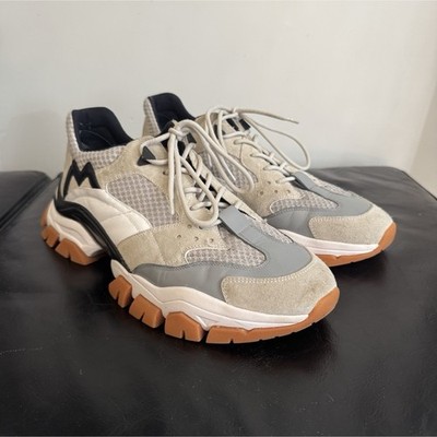 Moncler Men's Low Top Lace Up Sneakers 44/11 US Mesh Suede Colorblock Gray Beige