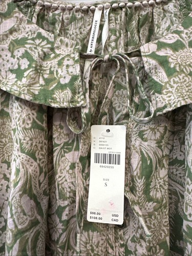 Anthropologie Cotton Ruffled Bell Long Sleeve Floral Green Peasant Blouse Small - Picture 7 of 10