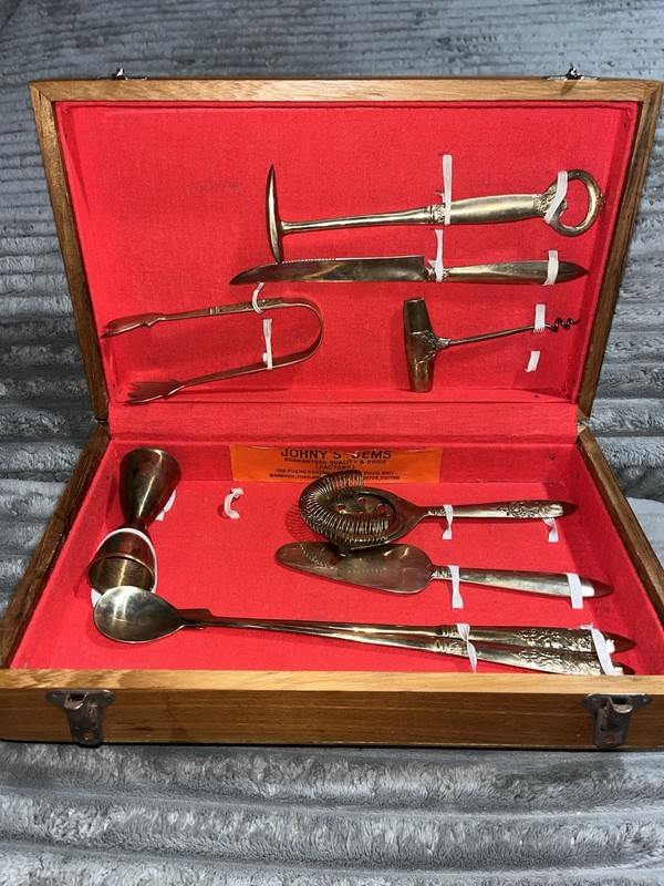 Vintage Johns Gems 9pc Bar Tool Set W/ Wooden Case