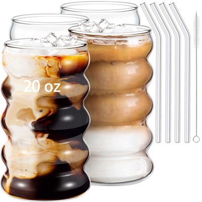 4 Pcs 20oz Drinking Glasses Set with Straws, Cute Iced Coffee Glass Cups, Ice...