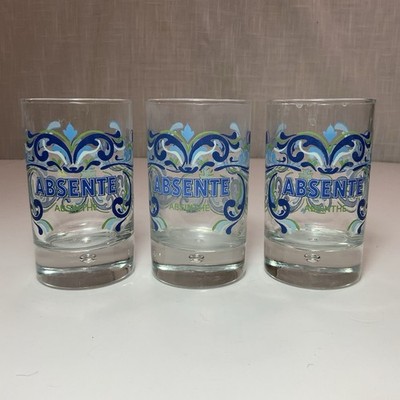 3 ABSENTE Absinthe Liqueur 4.5'' Tall Clear Glasses Blue & Green Scroll Accents