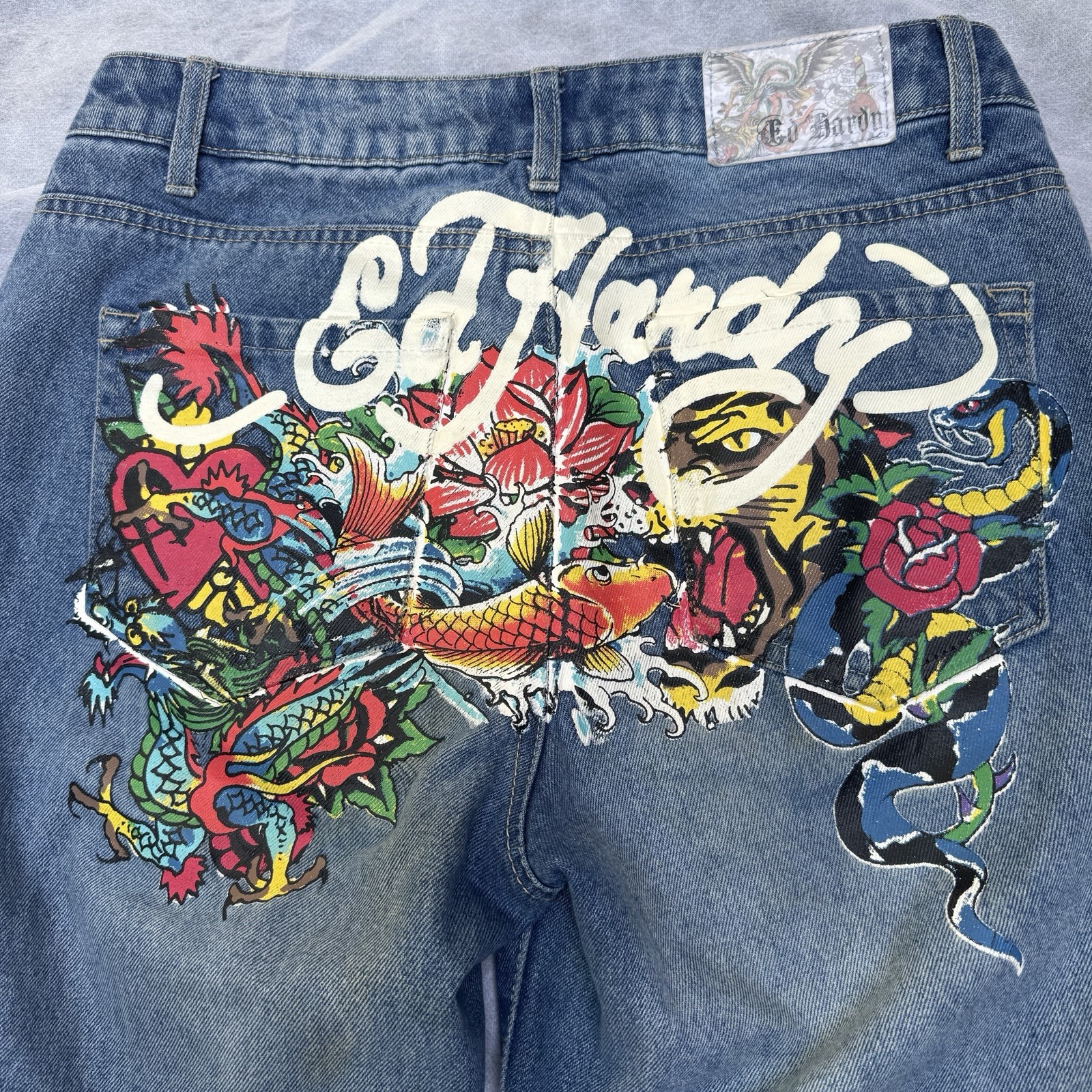 Ed Hardy Women’s Jeans Size 28 Tattoo Dragon Tiger Koi Fish Snake Denim Y2K