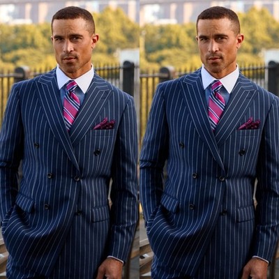 Navy Striped Men's Suits Wide Peak Lapel Double Breasted Tuxedos Men Blazers