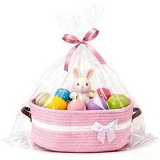 Gift Baskets Empty with Handles, 14"x 10"x 5.5" Woven Rope Storage Basket Pink
