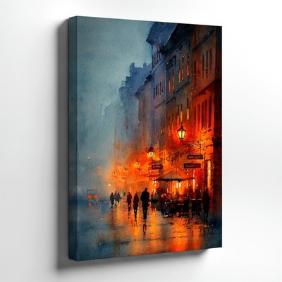Canvas Foggy City Street Painting Glowing Lanterns Rainy Urban Cafe Room Print