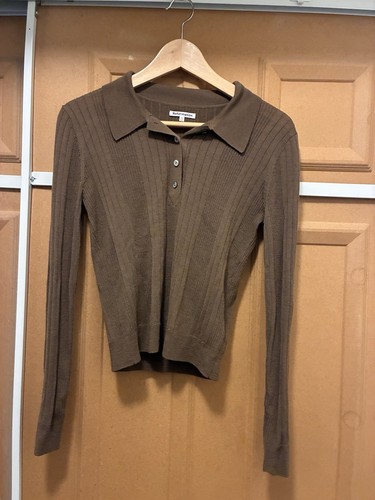 Reformation 100% Merino Wool Collared Long Sleeve Brown Ribbed Sweater Size S