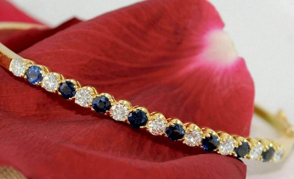 5 Karat Simulierte Blauer Saphir & Diamant Armreif Armband IN 14K Gelb Vergoldet - Bild 2 von 4