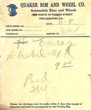 Vintage 1920s Quaker Rim and Wheel Co. Philadelphia Automobile Packing Slip