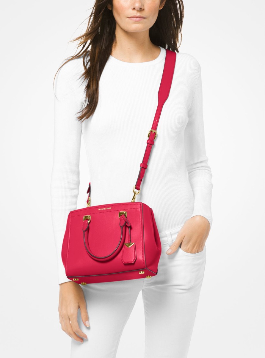 Michael Kors Benning Medium Leather Satchel Deep Pink Original for