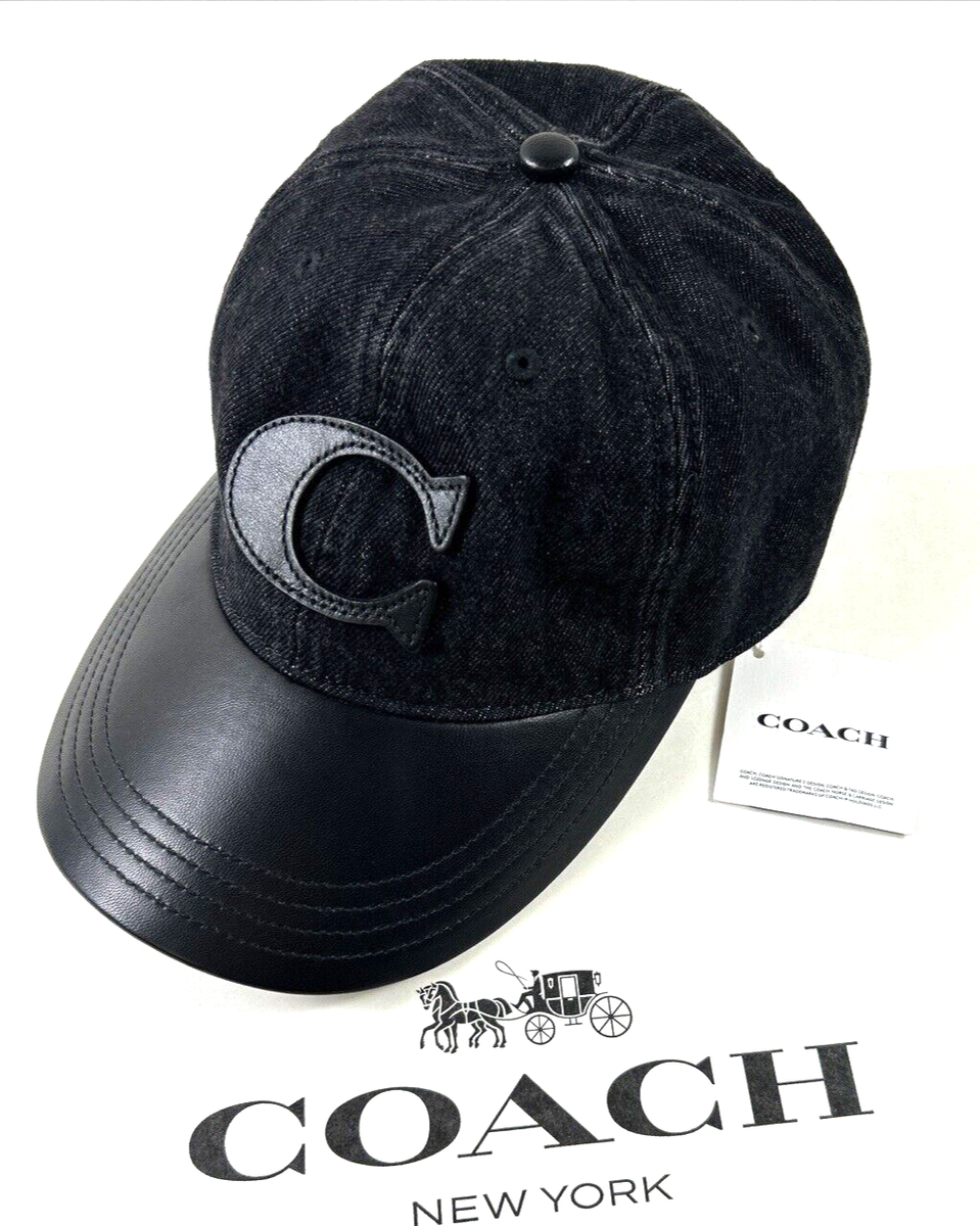 COACH Size M/L Men's Baseball Hat Black Denim SIG C Leather Brim NEW