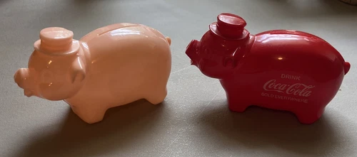 Vintage Lot Of 2 Coke Drink Coca-Cola Plastic Pig w/ Hat  Piggy Bank