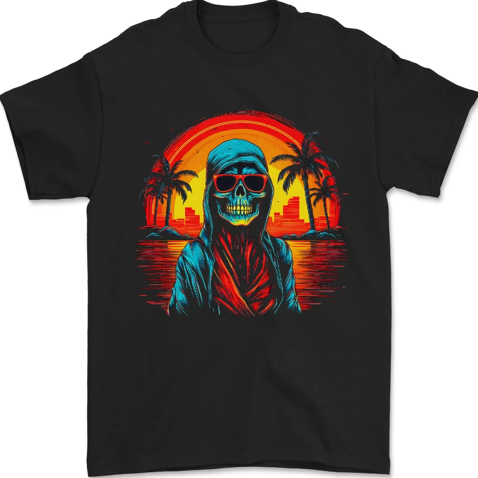A Retrowave Squelette Vacances Crépuscule Crâne T-Shirt 100% Coton - Photo 1/1