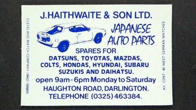 Matchbox Label Haithwaite & Son Japanese Autoteil Darlington Co Durham MQ479