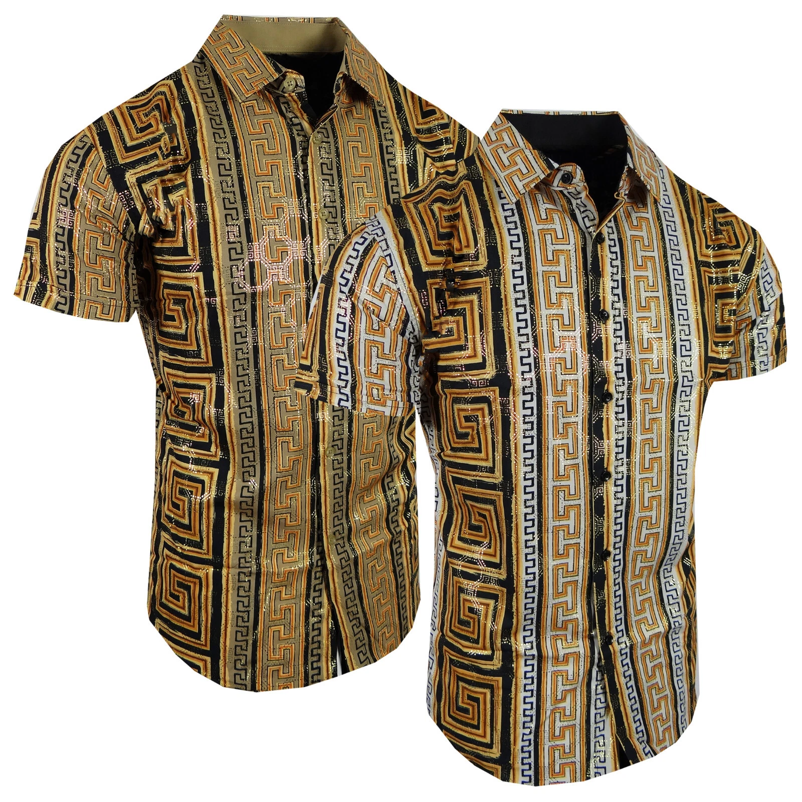 Men Short Sleeve Shirt Italian Stripe Gold Foil Overlay Stretch Slim Button Up
