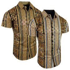 Men Short Sleeve Shirt Italian Stripe Gold Foil Overlay Stretch Slim Button Up