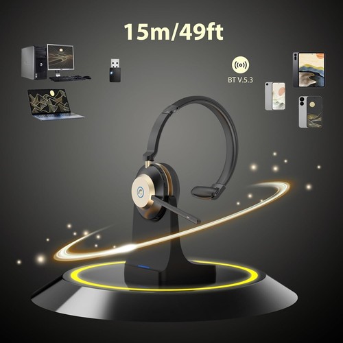 Bluetooth Headset V5.3 Wireless Headset with Mic for Work 45Hrs Computer - Picture 4 of 7