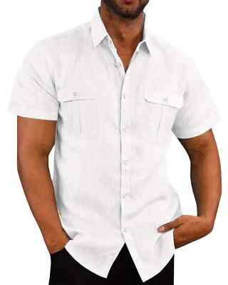 Hot Sale Cotton Linen Men Short-Sleeved Shirts Summer Solid Color Beach Style