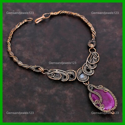 Copper Kashmir Rubi Gemstone Rainbow Moonstone Chain Engagement Necklace Jewelry