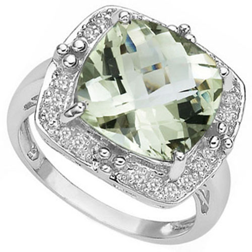 6.65 CTW GENUINE DIAMOND & GREEN AMETHYST PLATINUM OVER 0.925 S.SILVER RING - Picture 1 of 2