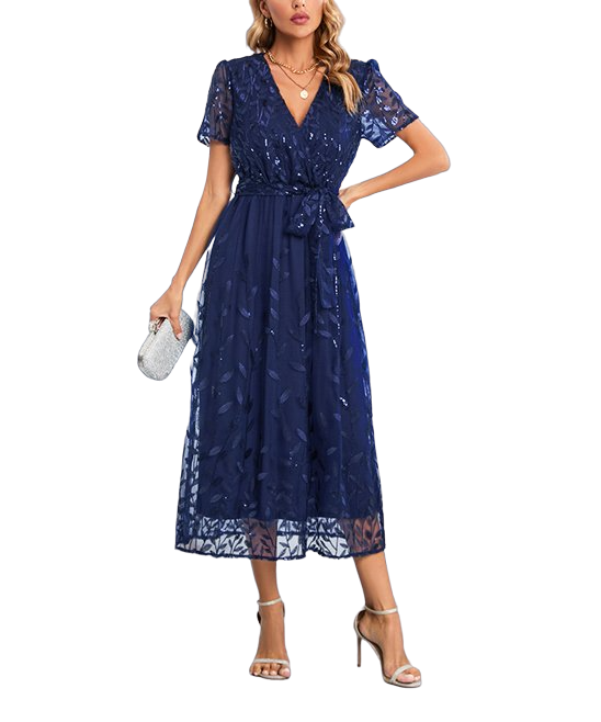 C.CLINE Navy Blue Floral Embroidered Midi Surplice Dress Women