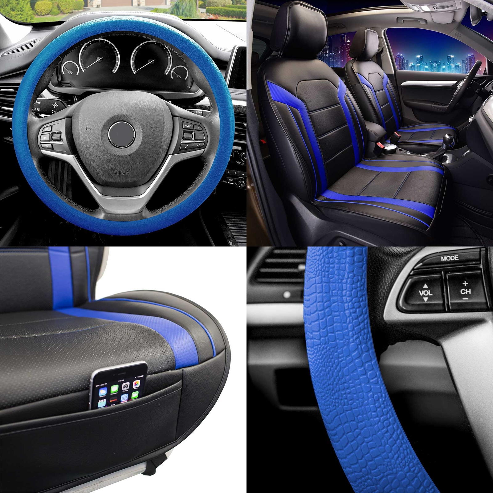 FH Group Universal Fit Faux Leather Front Seat Covers Cushion w/ Steering Cover