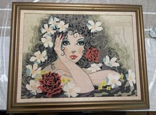 Needlepoint Handmade Woman Surrounded By Flowers Framed Art