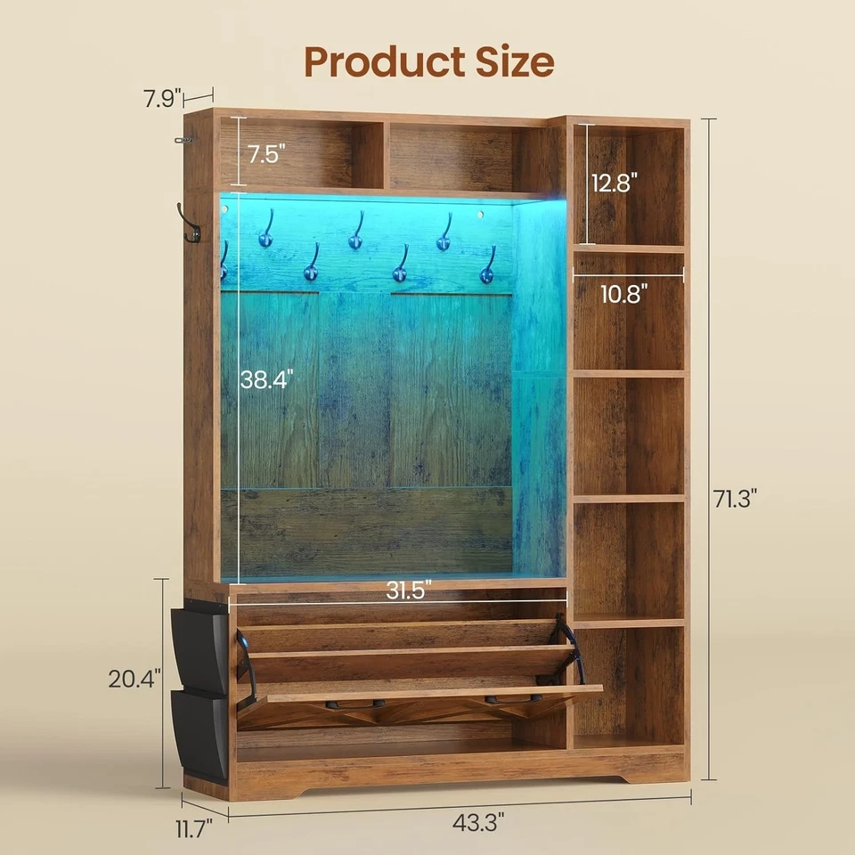 Árbol de pasillo con cajones abatibles, 7 estantes y luces LED, banco de entrada de granja Foto 2 de 4