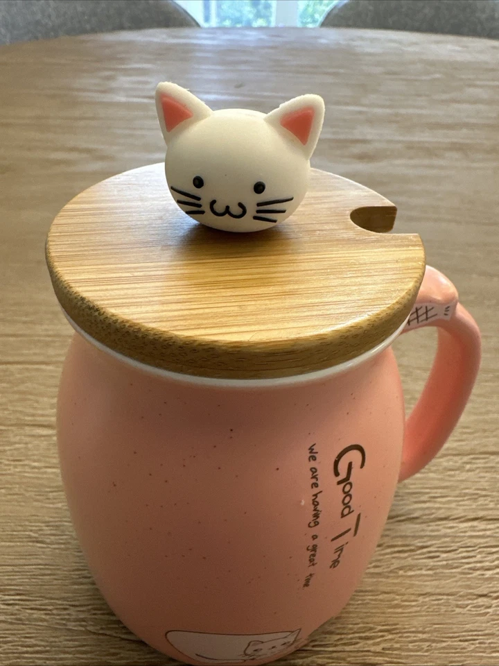 Taza de té de café de cerámica rosa Kawaii Cat con tapa 14 oz Foto 2 de 4