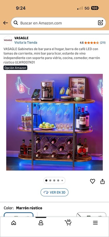 VASAGLE Bar Table Rustic Brown LED Lighting Power Outlets Wine Rack