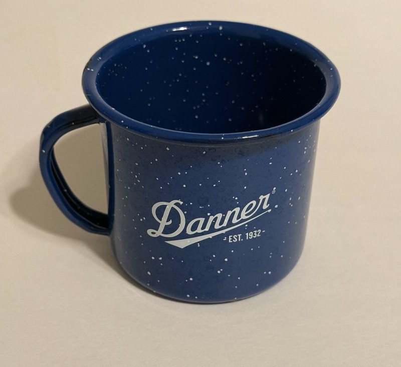 Danner blue enamel camp mug 12oz Tin metal cup, Small Chip, Lots Of Life Left!