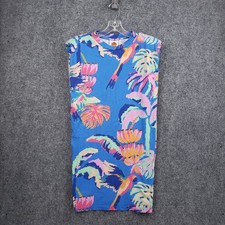 Farm Rio Banana Print Mini Dress Womens Medium Blue Tropical Parrot Pullover