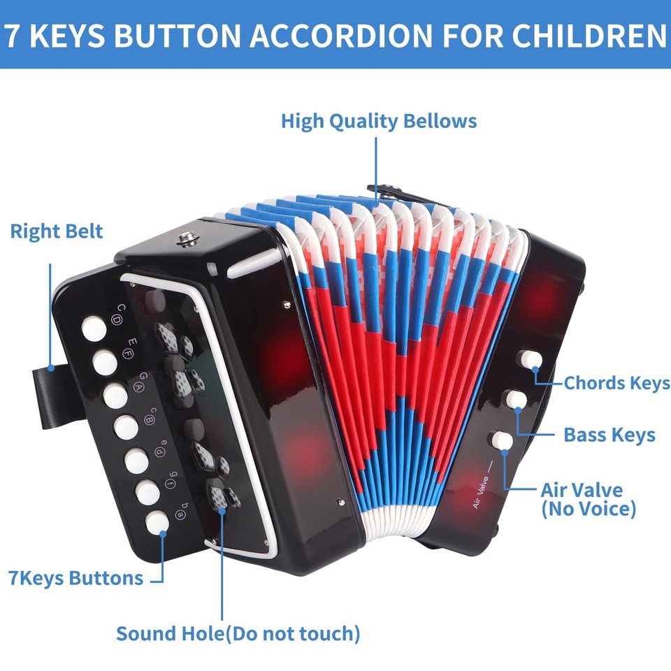 7 Key Accordion, 3 Bass Mini Accordion Instrument, Lightweight and ...