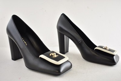 Chanel 26S Blazy Black White Square Toe Turnlock Gold CC Logo