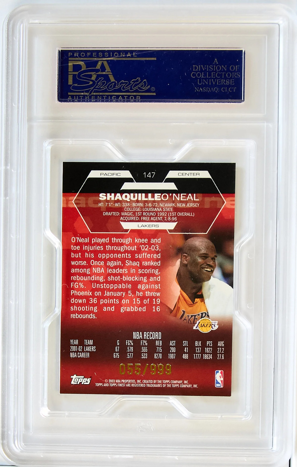 2002 Finest #147 Shaquille O'Neal /999 Jersey PSA 10 Gem Mint POP 14 view 2