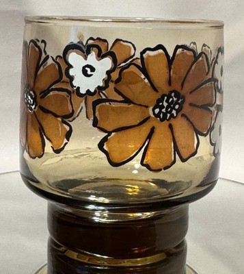 Vintage MCM Libbey Camellia Tawny Brown Daisy Small Glass