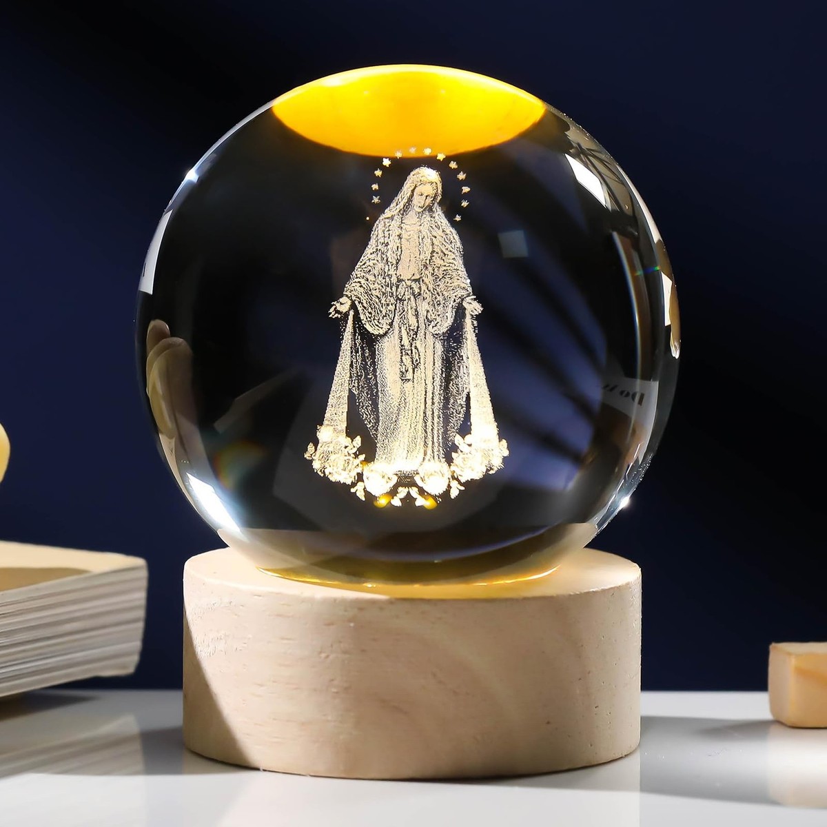 Arikyrist 3D Crystal Virgin Mary Statue Figurine with Wooden Base