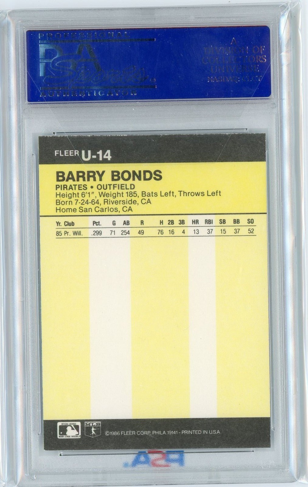 Graded 1986 Fleer Update Barry Bonds #U144444 Rookie RC Baseball Card PSA 8 view 2