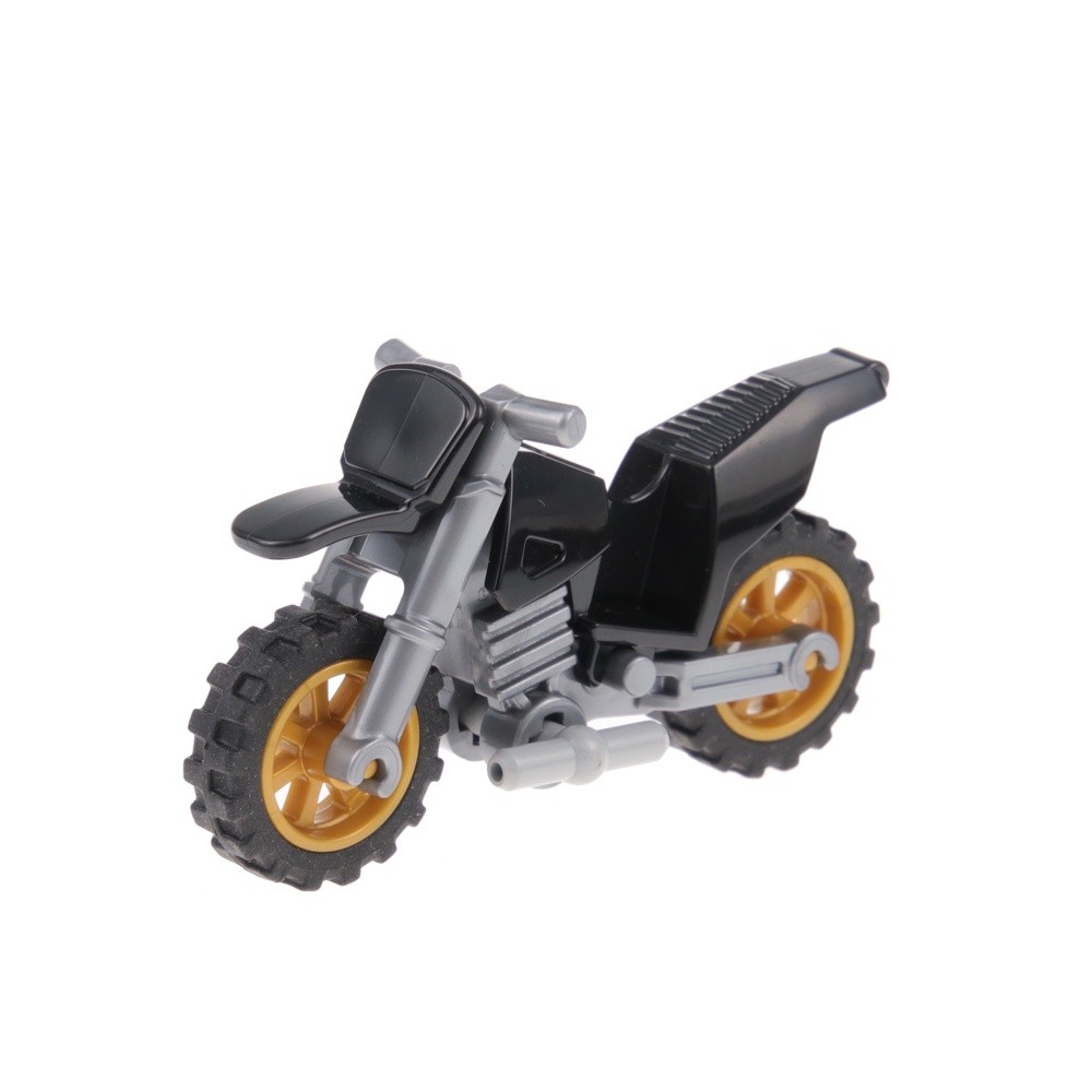 1x LEGO Motorrad Dirt Bike Black Chassis Flat Gray Wheels Gold Stand 50860c04