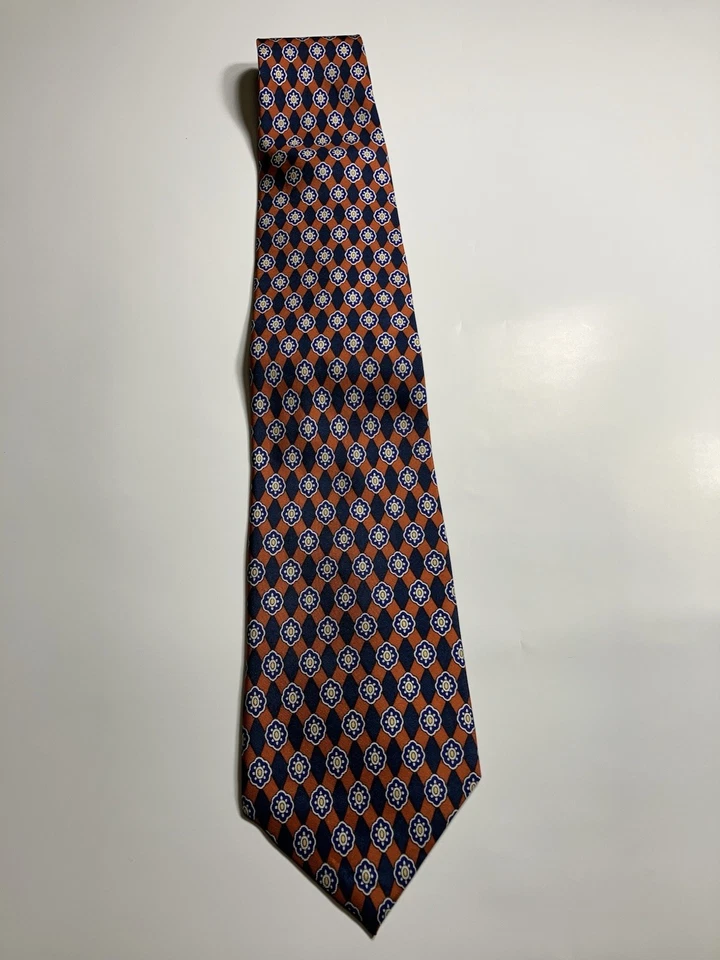 Corbata para hombre Robert Stock 100 % seda azul naranja patrón geométrico Foto 3 de 4