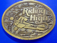 AIRCO Riding High Bi-Plane Aircraft Aviation Brass Tone Vintage Belt Buckle