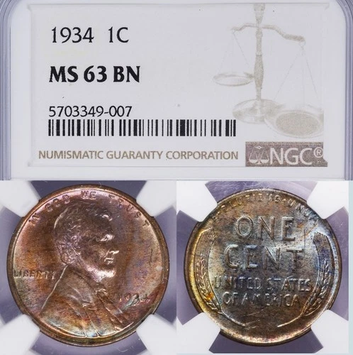 1934 Lincoln Wheat Cent NGC MS 63 BN Natural Monster Color Tone 1C Copper Coin