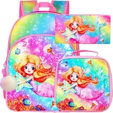 WZLVO 3PCS Mermaid Backpack for Girls, 16" Kids Sequin School Bookbag and Lun...