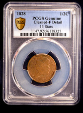 1828 Half Cent 13 Stars Classic Head PCGS Fine detail cleaned