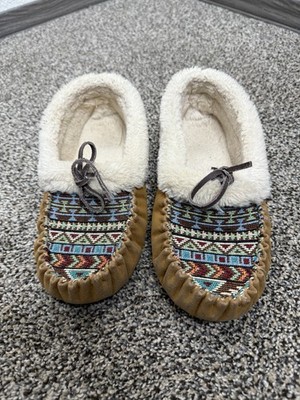 Blazin Roxx Women Moccasin Slippers Size 5-6 Aztec Beaded Faux Fur Fleece Lined