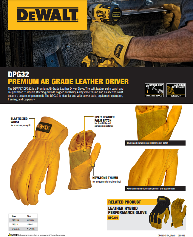 DeWalt DPG32 Premium Grade Leather Drivers Protective Roping Work Gloves  LARGE