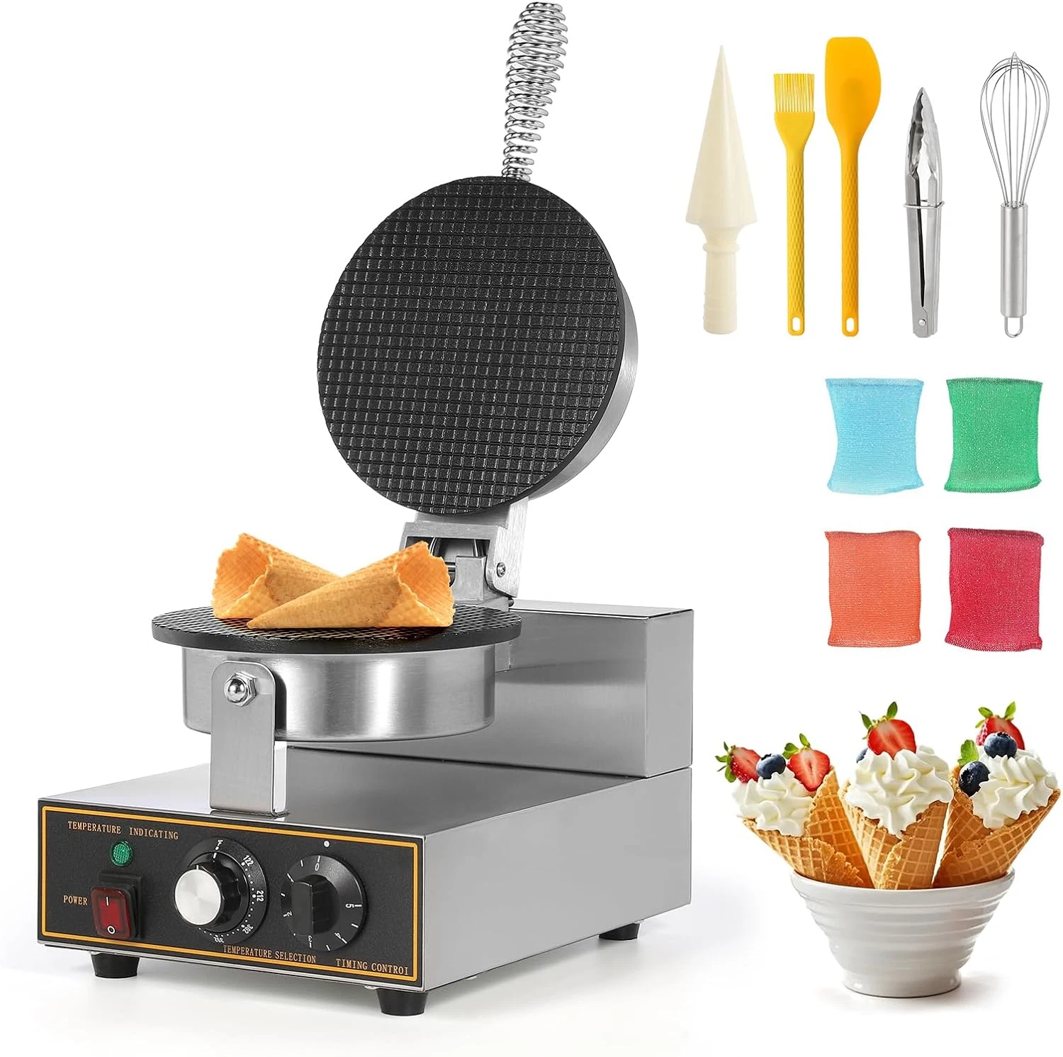 Electric Waffle Cone Maker - 110V Nonstick Stainless Steel Ice Cream Machine