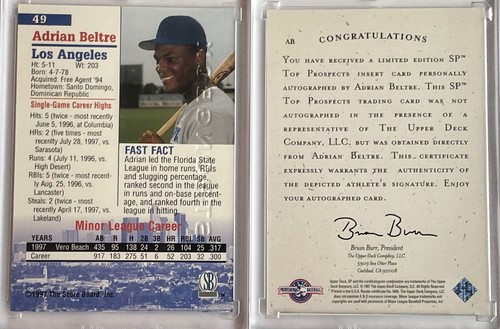 Adrian Beltre SP RC Rookie ON CARD AUTO #AB & 1997 Score Board autographed Colle - Picture 2 of 6