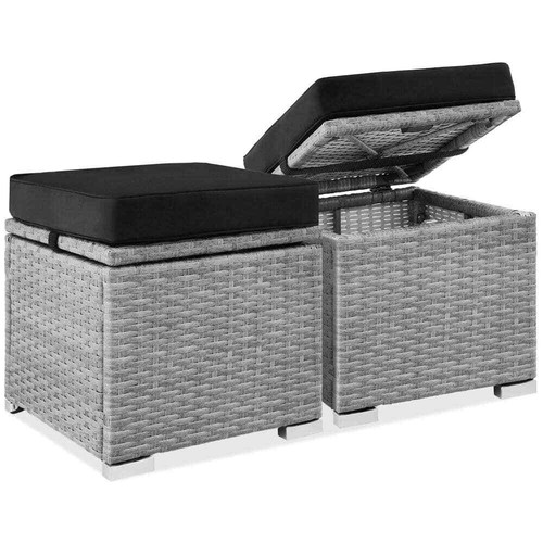 Grey Wicker Outdoor Ottomans Storage Box Footstool with Removable Black Cushions